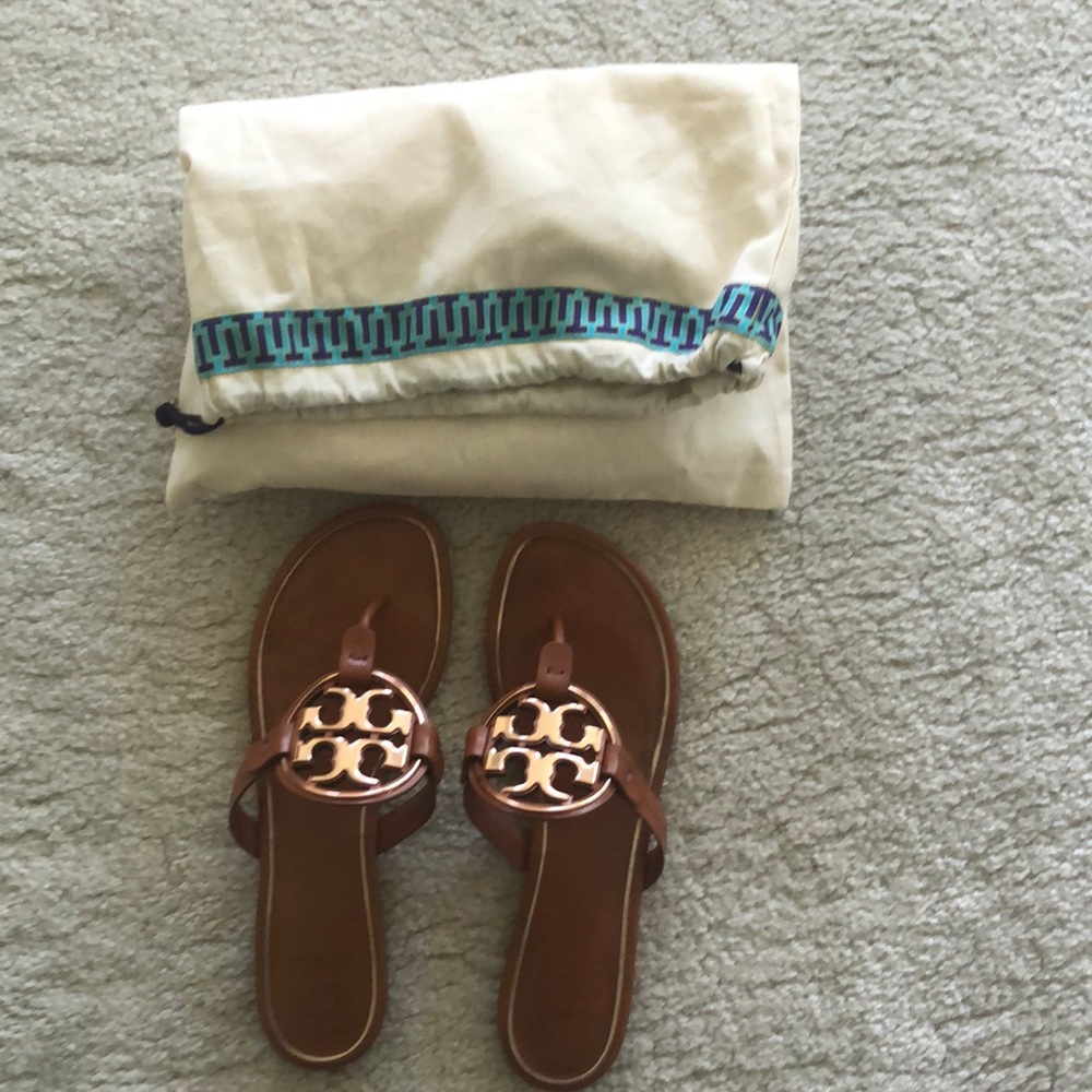 Tory Burch Miller Sandals. Tan with Roses Gold metal logo. Size 10M.